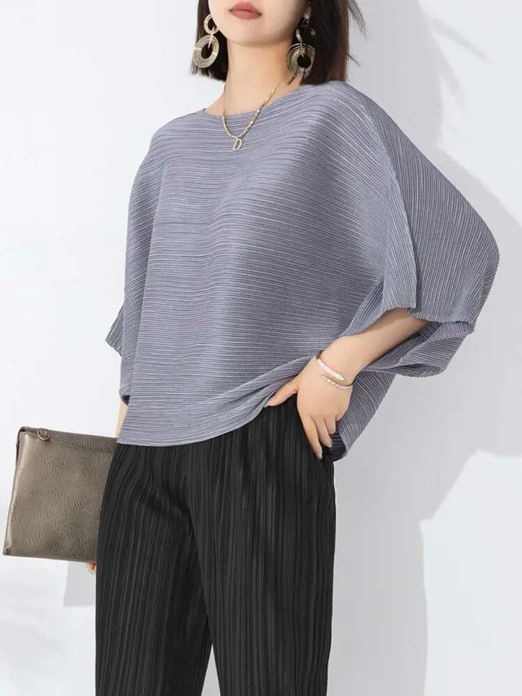 LANMREM Loose Pleated T-shirt For Women Batwing Sleeves Solid Color Casual Top Female Comfortable Top Clothing 2024 New 2DA3991