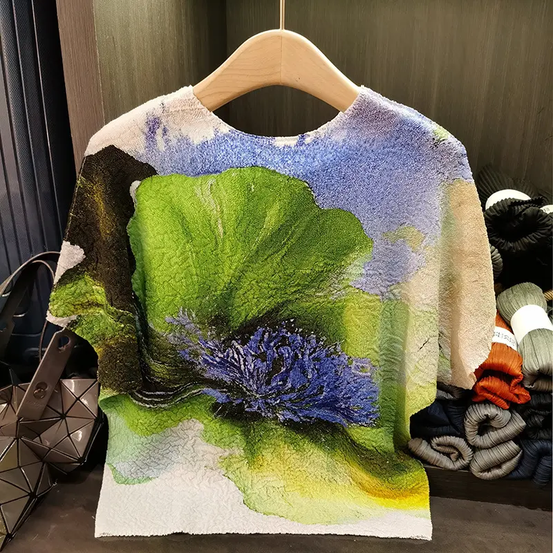 LANMREM Purple Ink Print Colorblock Spliced Design Pleated T-shirt Women's Summer 2025 New Loose O-neck Short Sleeve Top 2DB3223