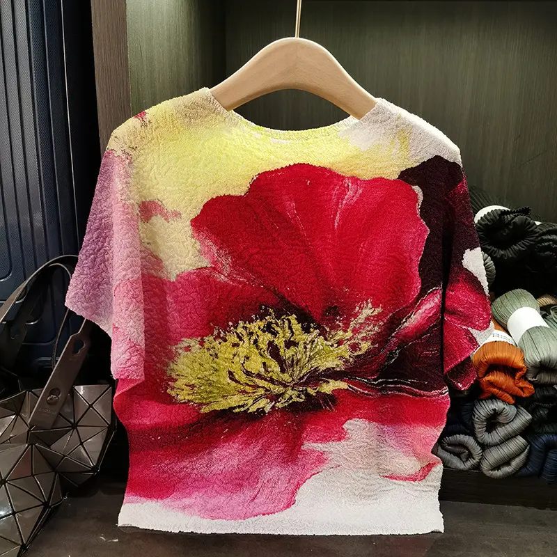 LANMREM Purple Ink Print Colorblock Spliced Design Pleated T-shirt Women's Summer 2025 New Loose O-neck Short Sleeve Top 2DB3223