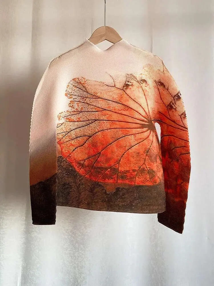 LANMREM Gradient Long Sleeves Women's Turtleneck Slim T Shirt Pleated Casual Female Fashion Clothes 2025 Spring New 2DC1065