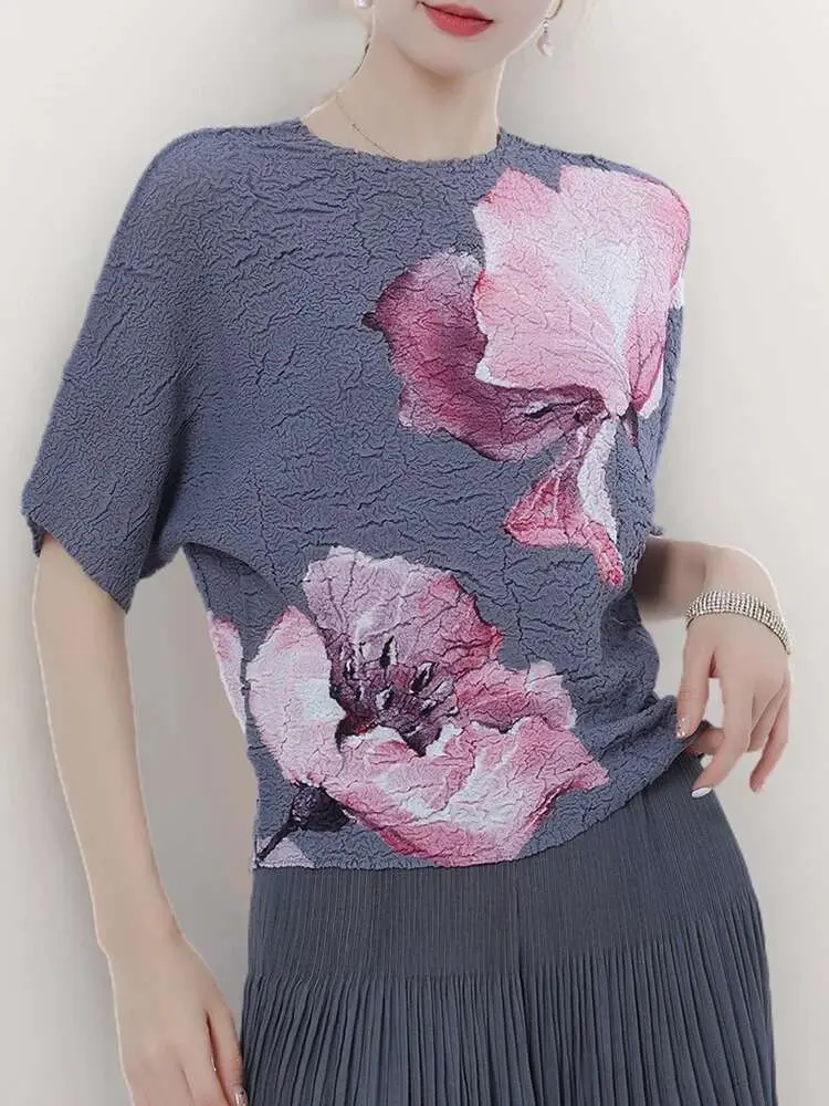 LANMREM Pleated Printing T-shirt For Women O-neck Short Sleeves Casual Tops Versatile 2024 Female Summer New Clothing 2Z1361