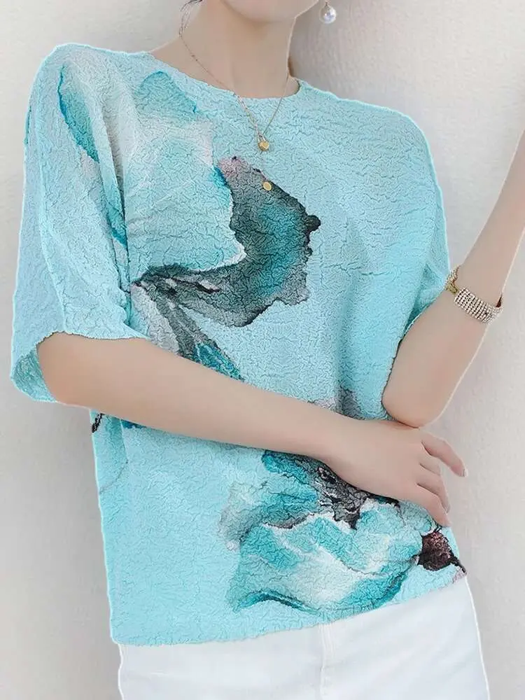 LANMREM Pleated Printing T-shirt For Women O-neck Short Sleeves Casual Tops Versatile 2024 Female Summer New Clothing 2Z1361