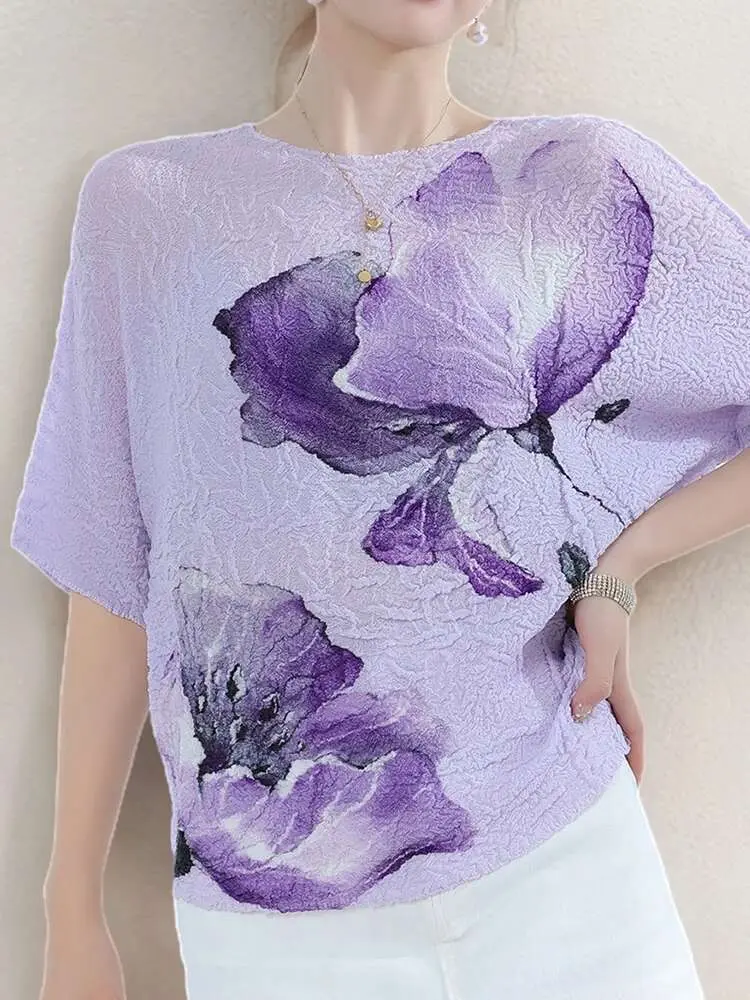 LANMREM Pleated Printing T-shirt For Women O-neck Short Sleeves Casual Tops Versatile 2024 Female Summer New Clothing 2Z1361