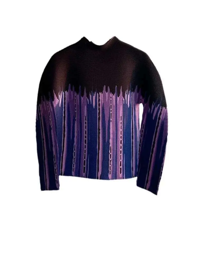 LANMREM Gradient Long Sleeves Women's Turtleneck Slim T Shirt Pleated Casual Female Fashion Clothes 2025 Spring New 2DC1065