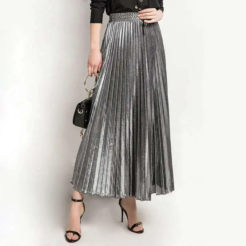 LANMREM 2025 new Spring fashion women clothes high waist A-line pleated sliver vintage elastic long halfbody skirt WH28501XL