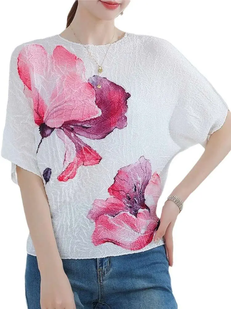 LANMREM Pleated Printing T-shirt For Women O-neck Short Sleeves Casual Tops Versatile 2024 Female Summer New Clothing 2Z1361