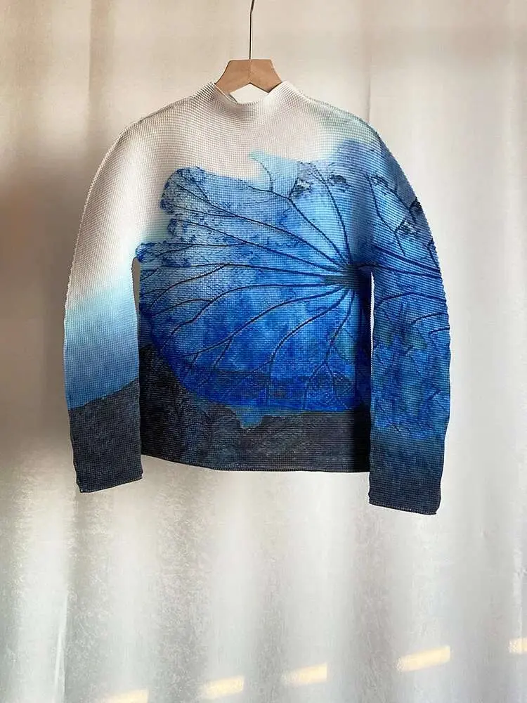 LANMREM Gradient Long Sleeves Women's Turtleneck Slim T Shirt Pleated Casual Female Fashion Clothes 2025 Spring New 2DC1065