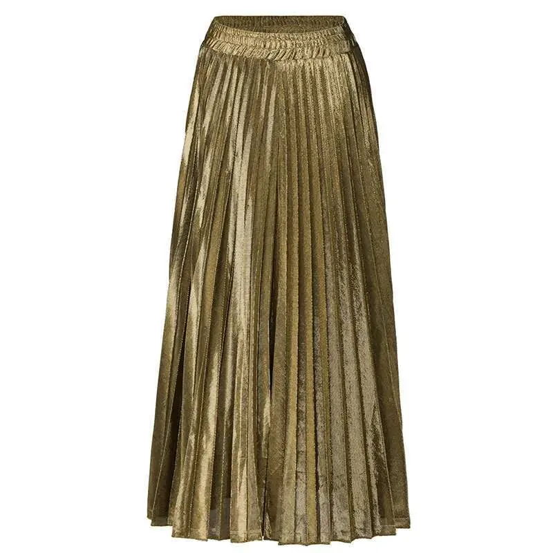 LANMREM 2025 new Spring fashion women clothes high waist A-line pleated sliver vintage elastic long halfbody skirt WH28501XL