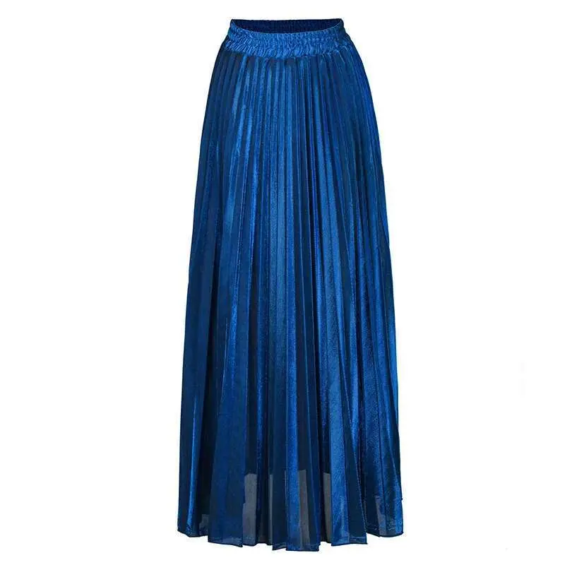 LANMREM 2025 new Spring fashion women clothes high waist A-line pleated sliver vintage elastic long halfbody skirt WH28501XL