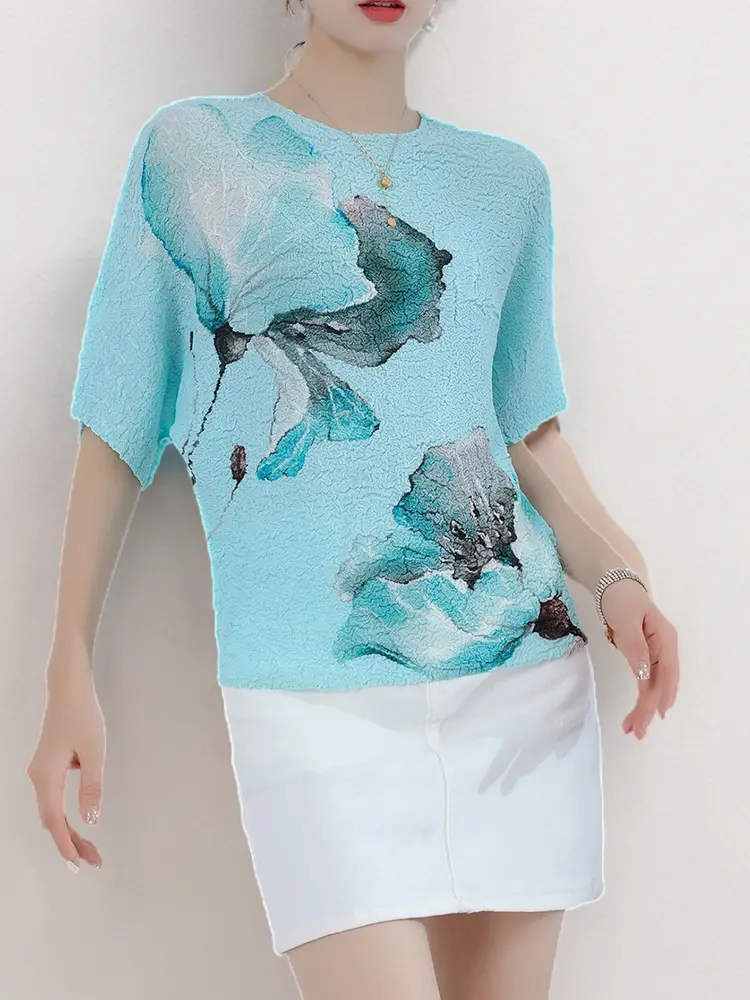 LANMREM Pleated Printing T-shirt For Women O-neck Short Sleeves Casual Tops Versatile 2024 Female Summer New Clothing 2Z1361