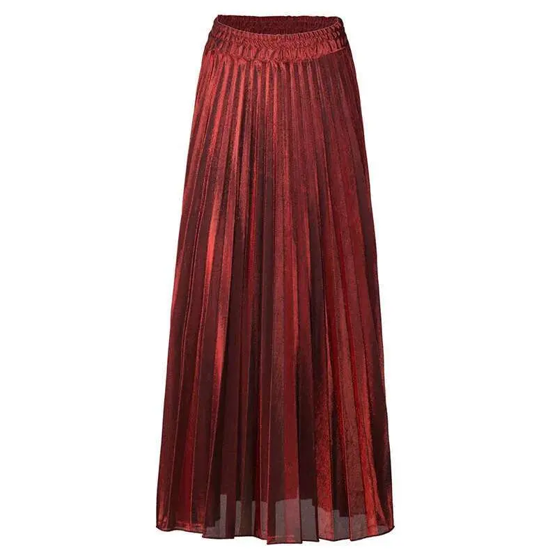 LANMREM 2025 new Spring fashion women clothes high waist A-line pleated sliver vintage elastic long halfbody skirt WH28501XL