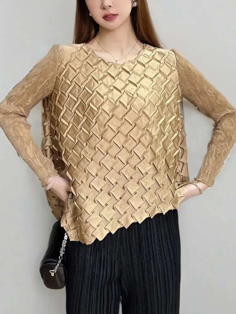 LANMREM Fashion Pleated T-shirt Women's O-neck Spliced Long Sleeves Loose Casual Solid Thin Tops Female 2025 Spring New 2DC1051