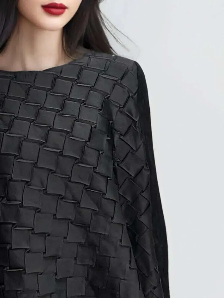 LANMREM Fashion Pleated T-shirt Women's O-neck Spliced Long Sleeves Loose Casual Solid Thin Tops Female 2025 Spring New 2DC1051