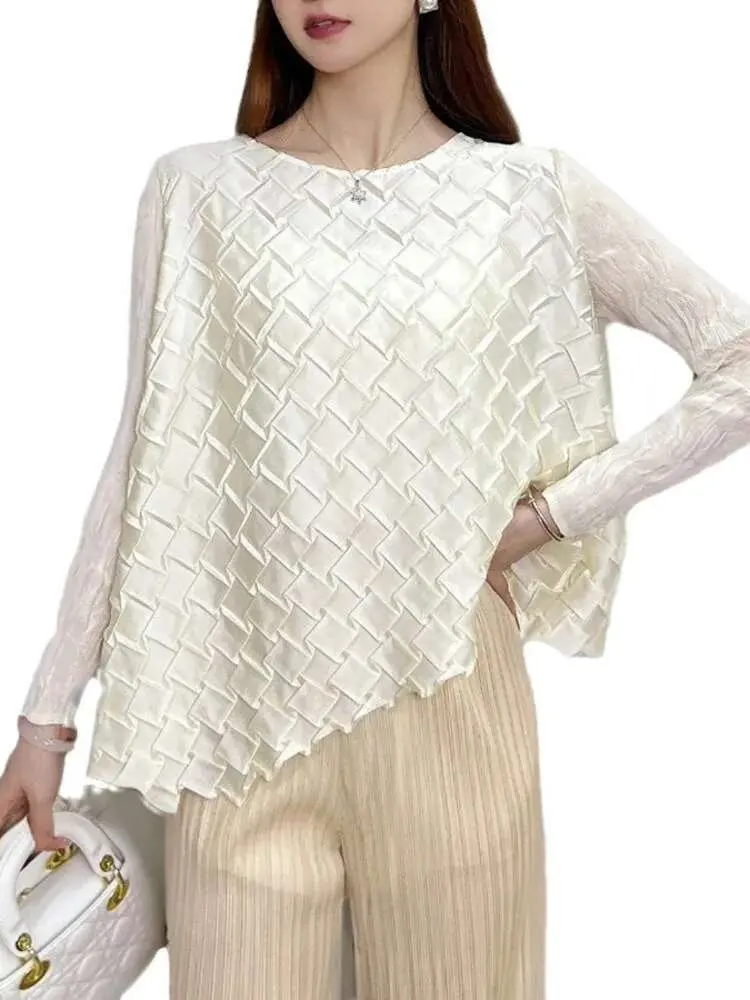 LANMREM Fashion Pleated T-shirt Women's O-neck Spliced Long Sleeves Loose Casual Solid Thin Tops Female 2025 Spring New 2DC1051