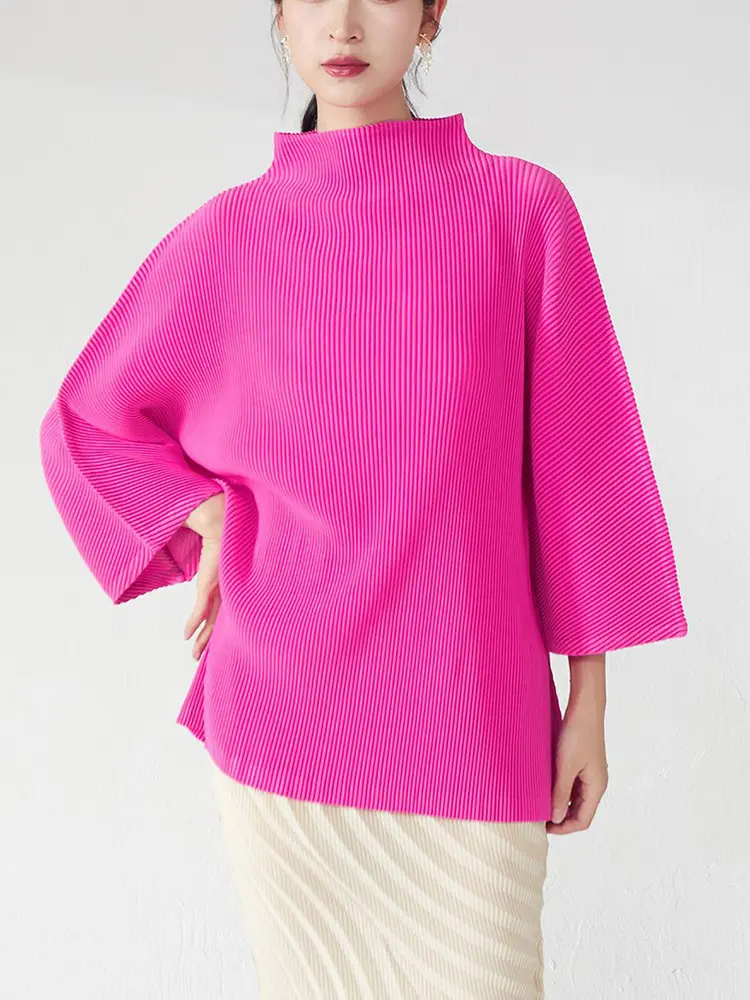 LANMREM High Quality Women's Pleated Pullover Tops Loose Chic Stand Collar Csual Three Quarter Sleeve T-shirt 2025 New 2DB3008