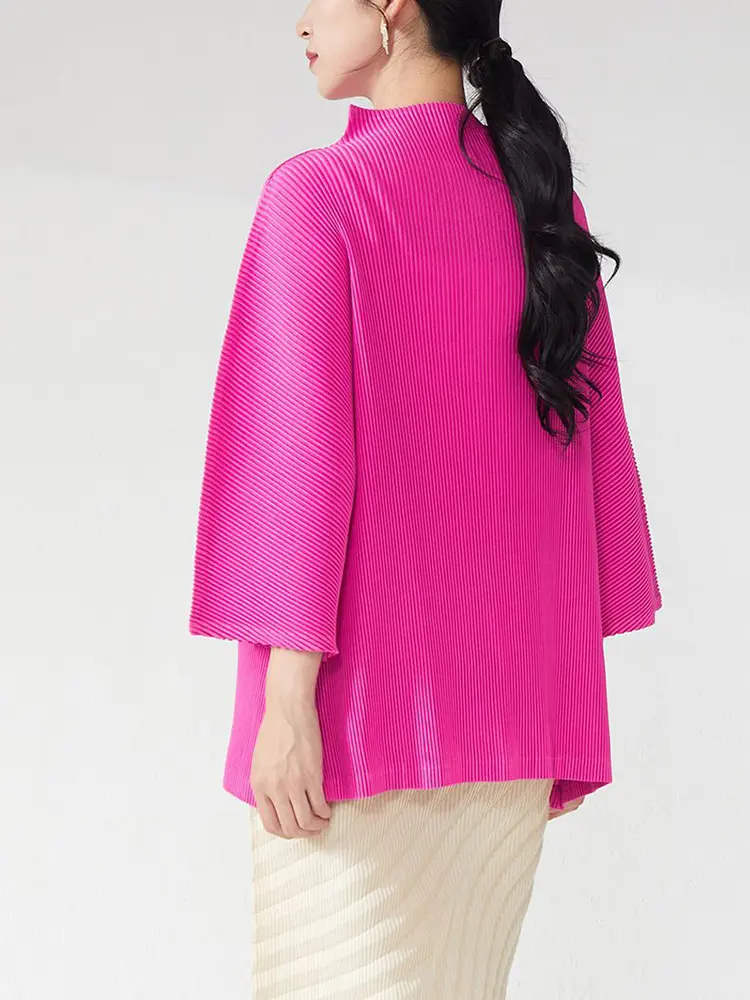 LANMREM High Quality Women's Pleated Pullover Tops Loose Chic Stand Collar Csual Three Quarter Sleeve T-shirt 2025 New 2DB3008