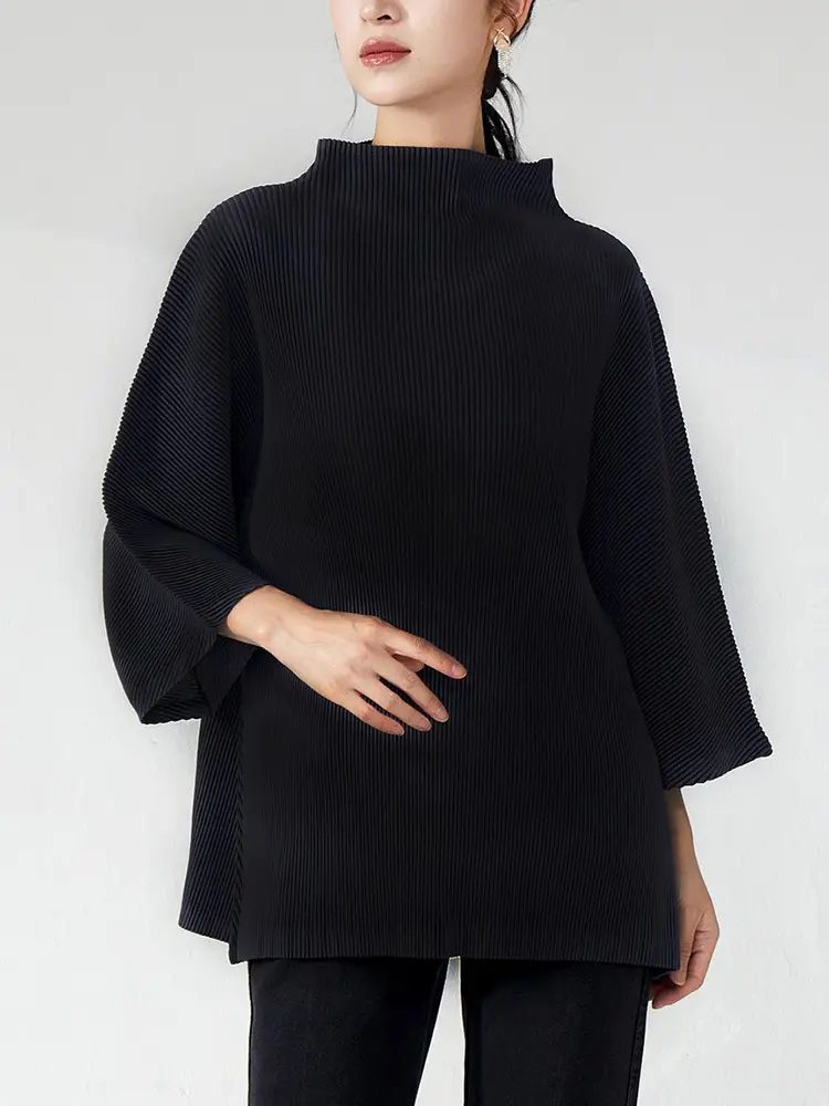 LANMREM High Quality Women's Pleated Pullover Tops Loose Chic Stand Collar Csual Three Quarter Sleeve T-shirt 2025 New 2DB3008