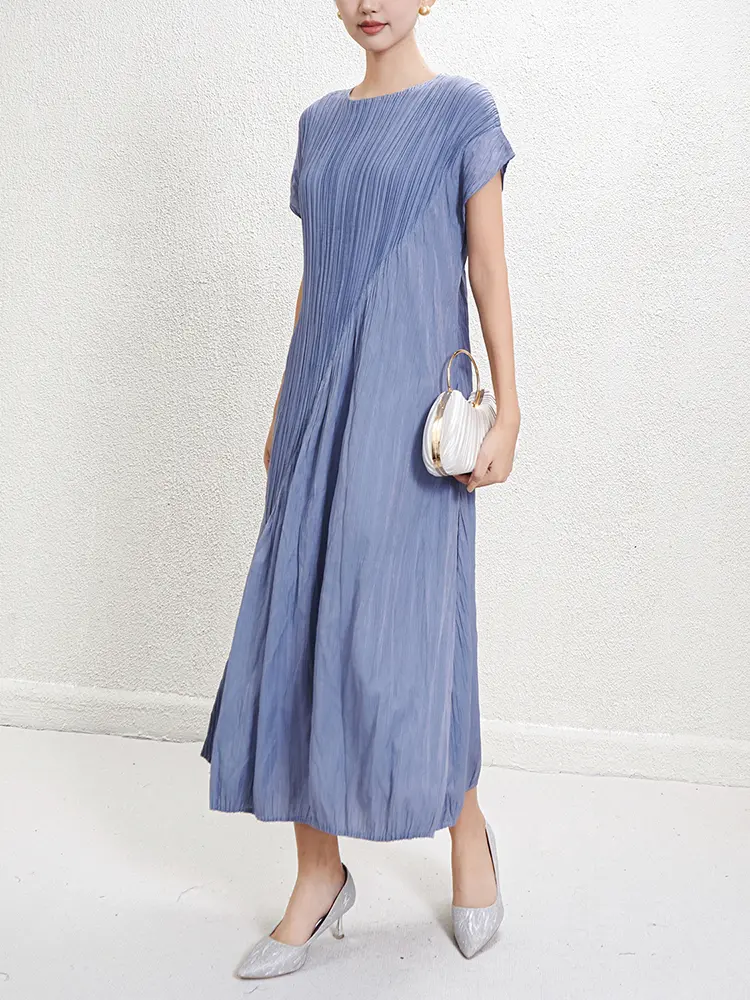 LANMREM Irregular Pleated Dress For Women 2025 Summer New High-end Round Neck Gathered Waist Elegant Dresses 2DM1021