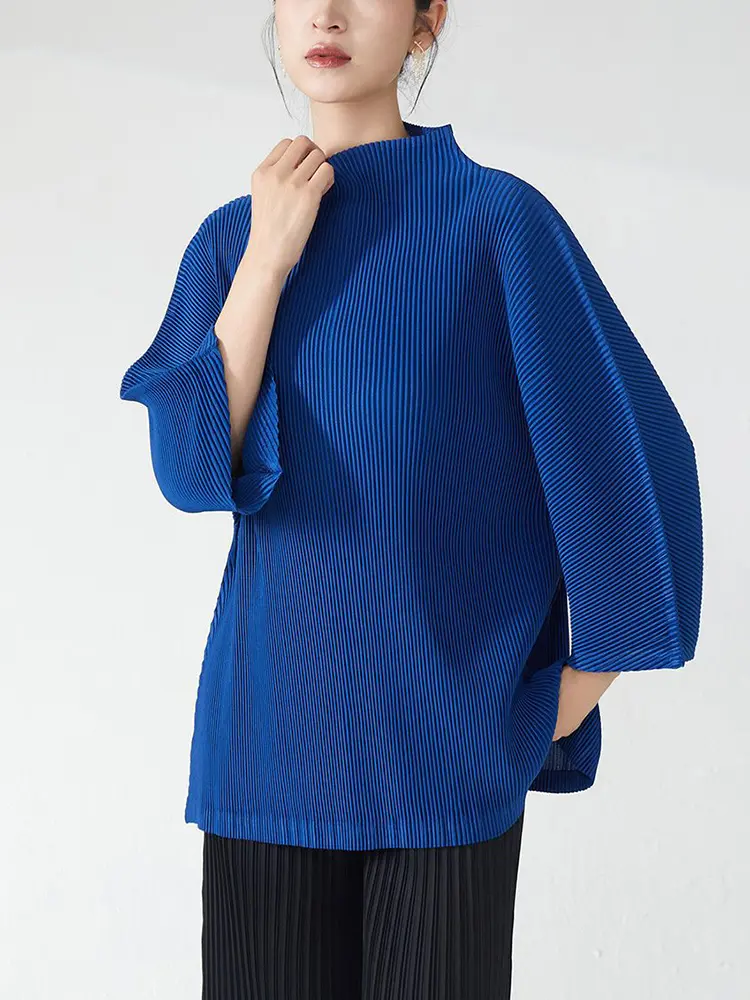 LANMREM High Quality Women's Pleated Pullover Tops Loose Chic Stand Collar Csual Three Quarter Sleeve T-shirt 2025 New 2DB3008