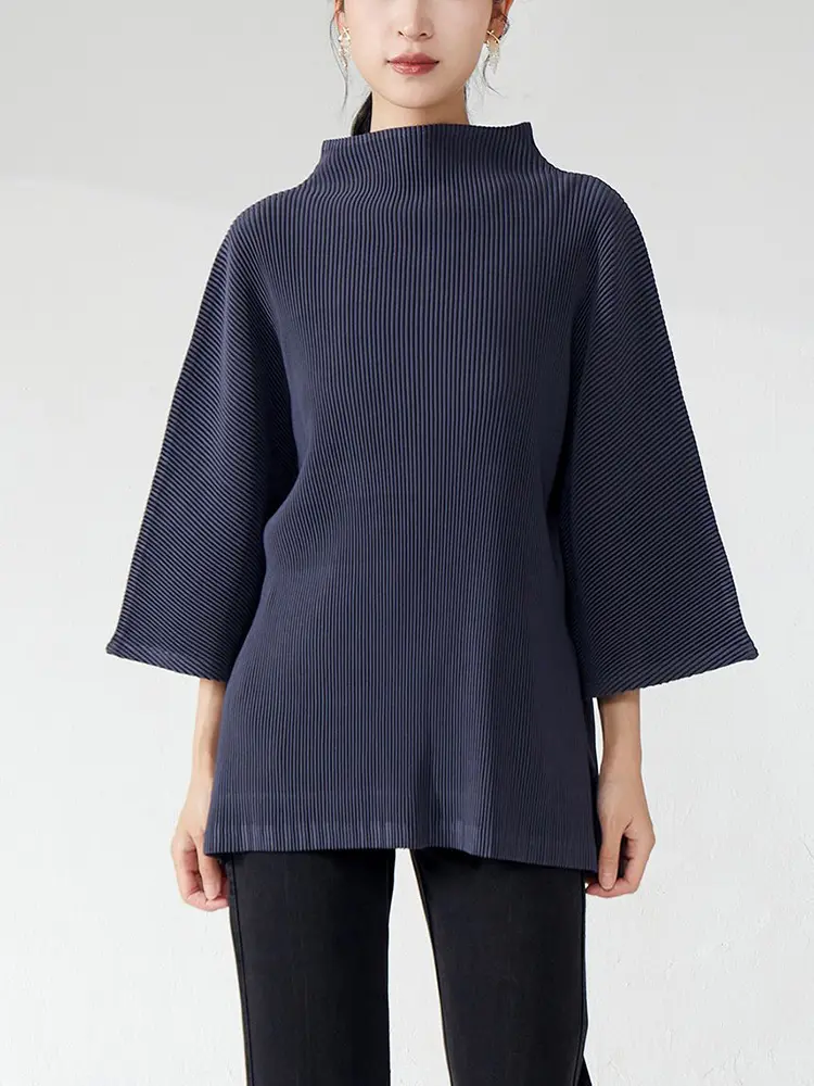 LANMREM High Quality Women's Pleated Pullover Tops Loose Chic Stand Collar Csual Three Quarter Sleeve T-shirt 2025 New 2DB3008