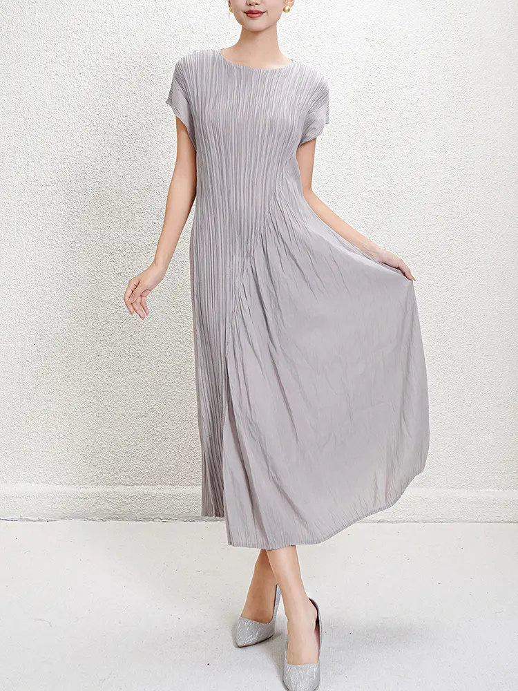 LANMREM Irregular Pleated Dress For Women 2025 Summer New High-end Round Neck Gathered Waist Elegant Dresses 2DM1021