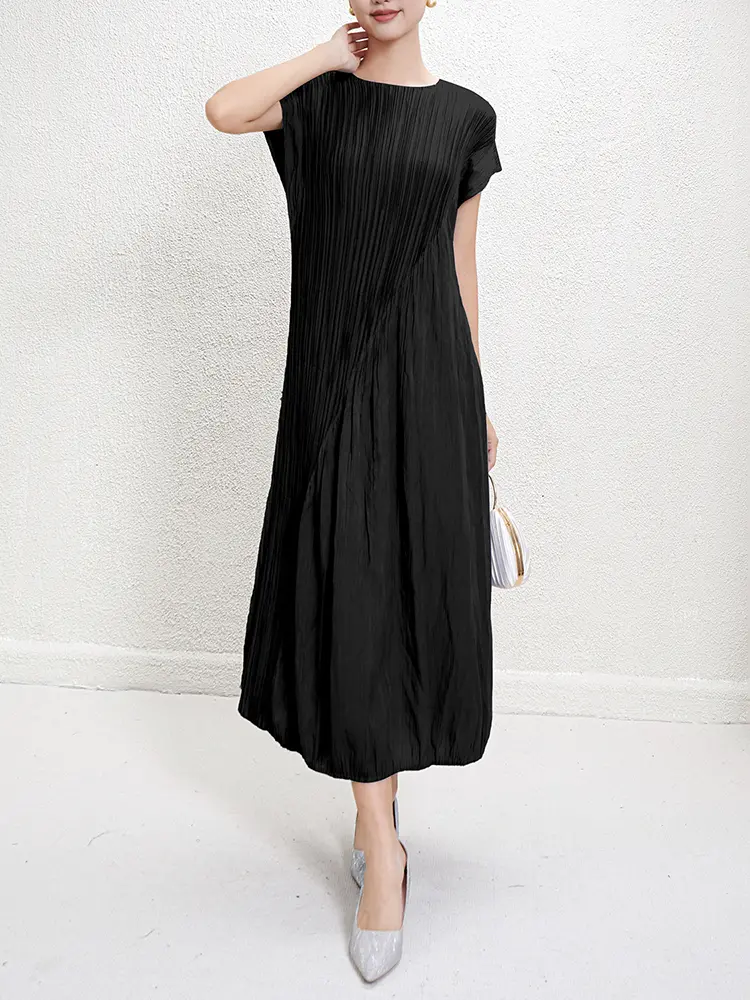 LANMREM Irregular Pleated Dress For Women 2025 Summer New High-end Round Neck Gathered Waist Elegant Dresses 2DM1021
