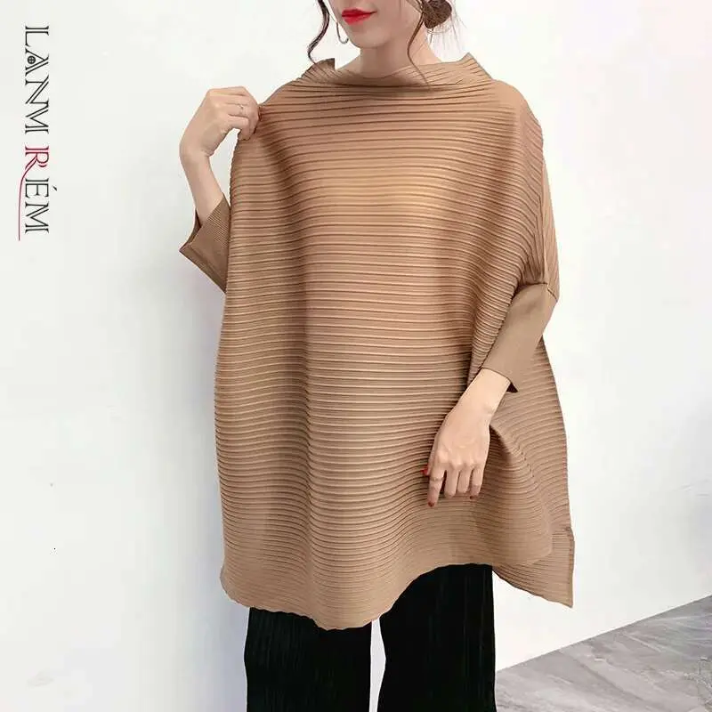 LANMREM 2025 New Stand Collar Spring Batwing Sleeves Blouse Pleated Wide Loose Pullover Women  Top WJ74004