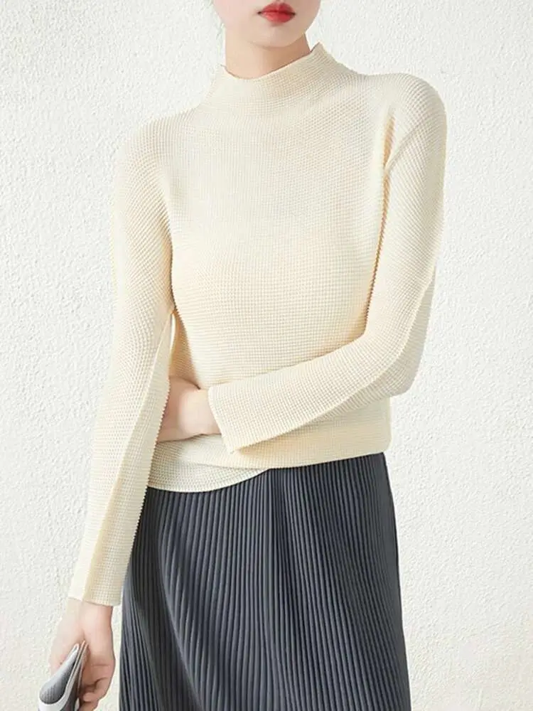 LANMREM Pleated Slim T-shirt For Women Turtleneck Long Sleeve Solid Color Tops Female Casual Clothes 2025 Spring New 2YA332