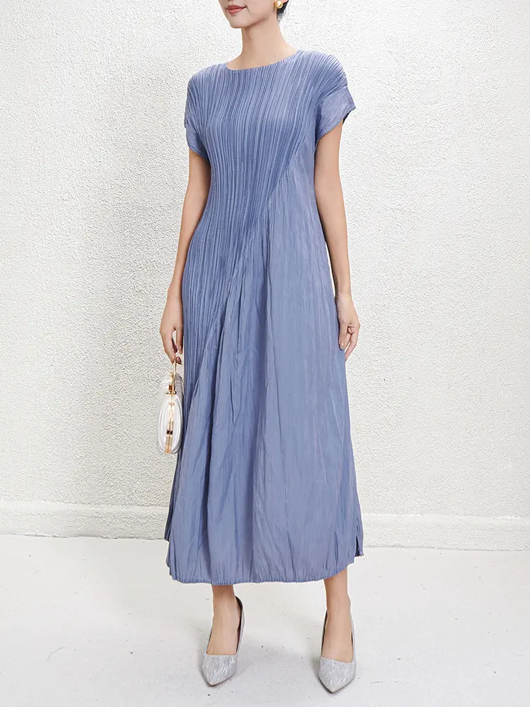 LANMREM Irregular Pleated Dress For Women 2025 Summer New High-end Round Neck Gathered Waist Elegant Dresses 2DM1021