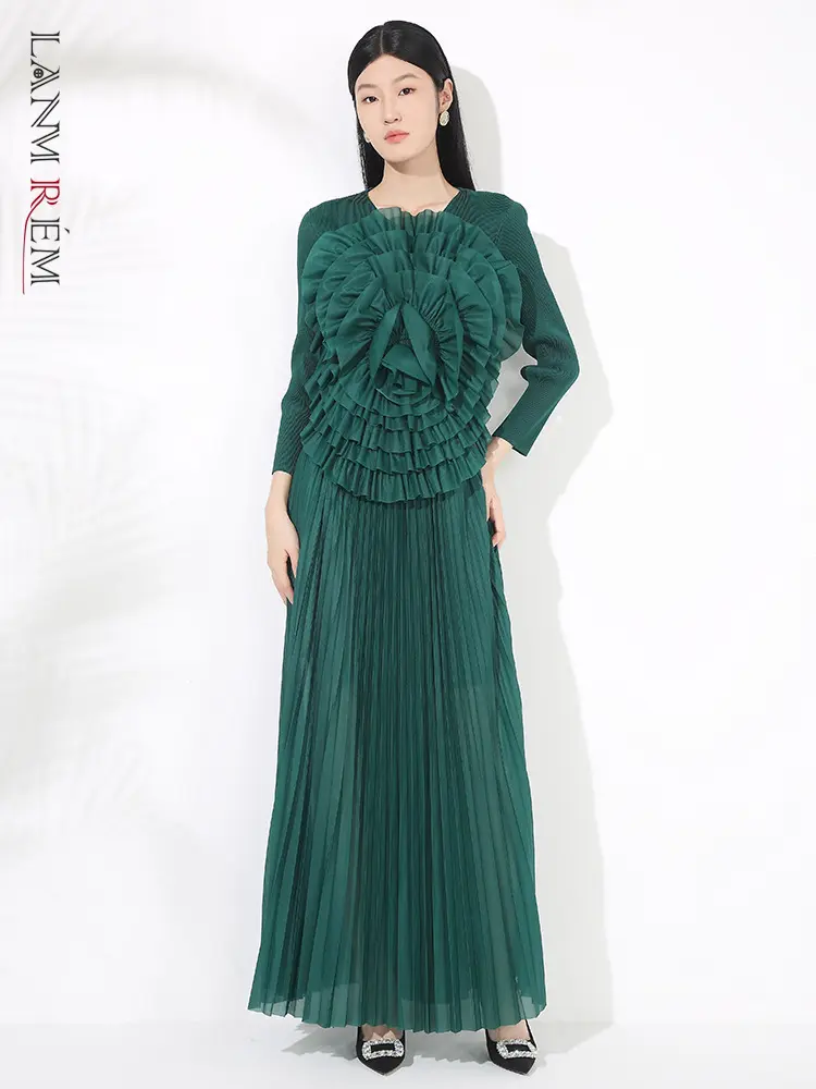 LANMREM Pleated Fashion Style Set Women Unique Flower Design Long Sleeves Shirts With High Waist Skirt Two Piece Set 2DM1057