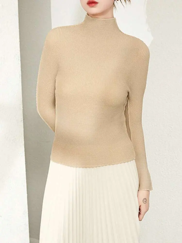 LANMREM Pleated Slim T-shirt For Women Turtleneck Long Sleeve Solid Color Tops Female Casual Clothes 2025 Spring New 2YA332