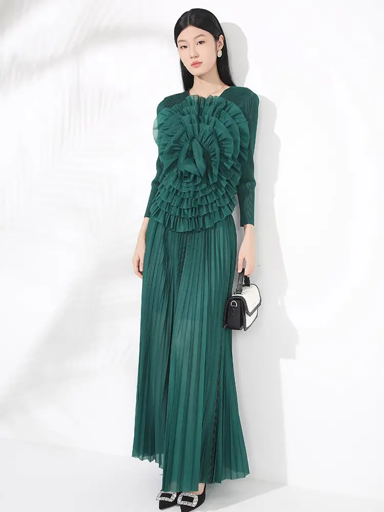 LANMREM Pleated Fashion Style Set Women Unique Flower Design Long Sleeves Shirts With High Waist Skirt Two Piece Set 2DM1057
