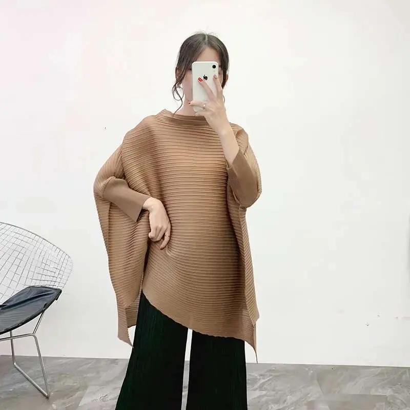 LANMREM 2025 New Stand Collar Spring Batwing Sleeves Blouse Pleated Wide Loose Pullover Women  Top WJ74004