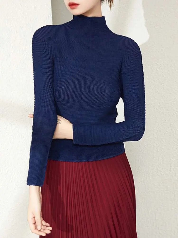 LANMREM Pleated Slim T-shirt For Women Turtleneck Long Sleeve Solid Color Tops Female Casual Clothes 2025 Spring New 2YA332