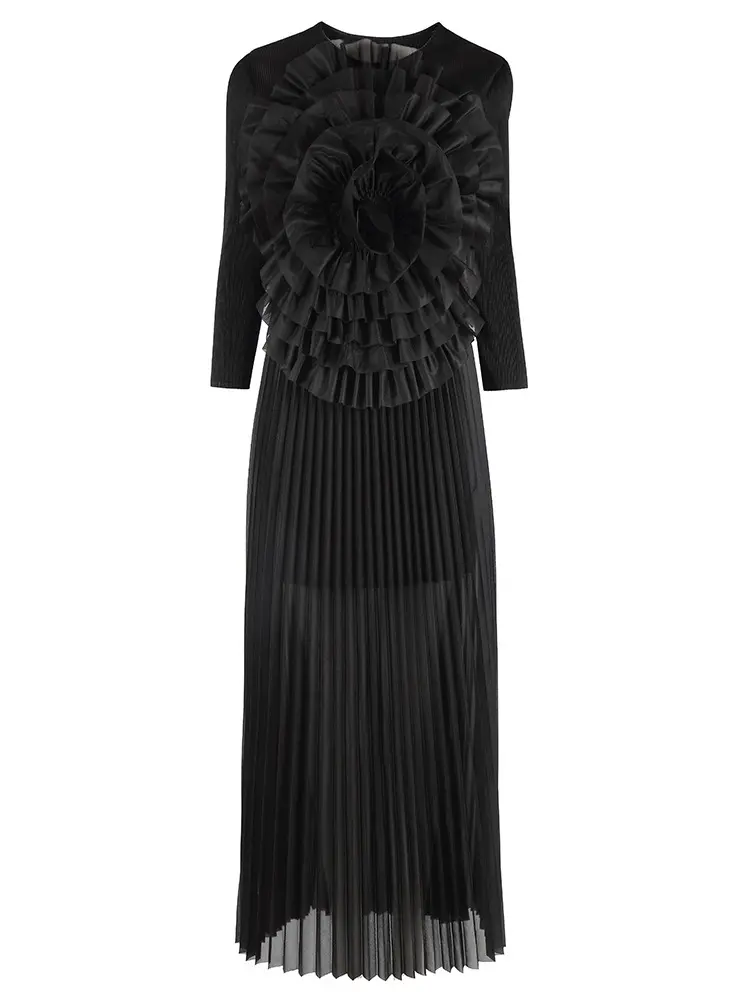 LANMREM Pleated Fashion Style Set Women Unique Flower Design Long Sleeves Shirts With High Waist Skirt Two Piece Set 2DM1057