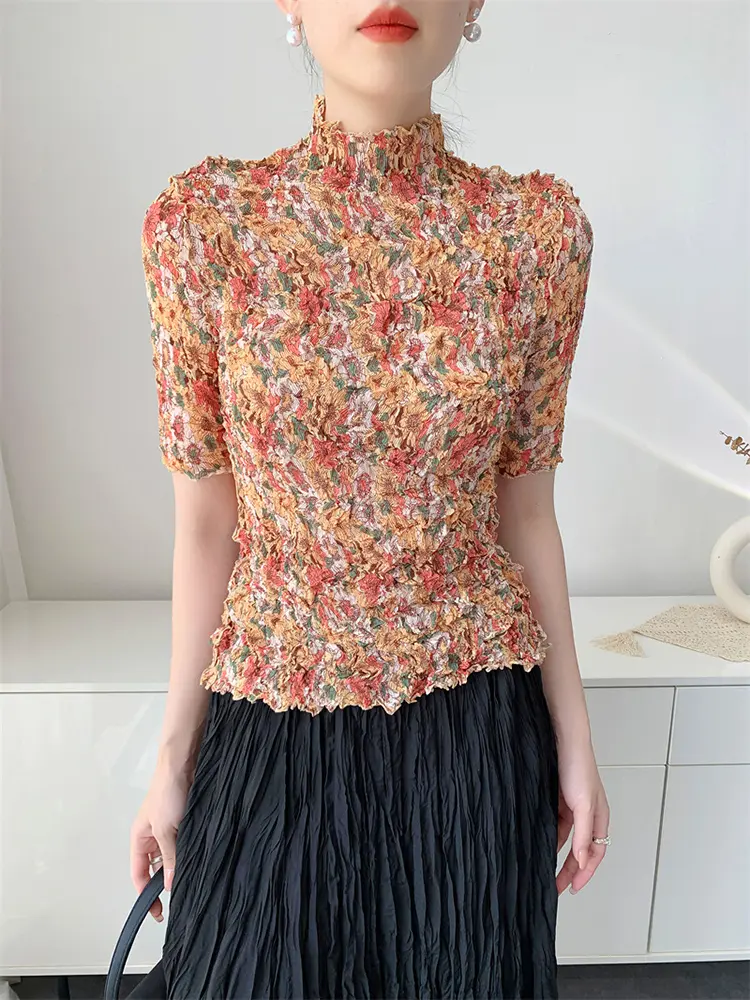 LANMREM Handmade Random Pleated Print Summer Pleated Top For Women Comfortable Casual Loose Famale's Elastic T-shirt 2DB3453