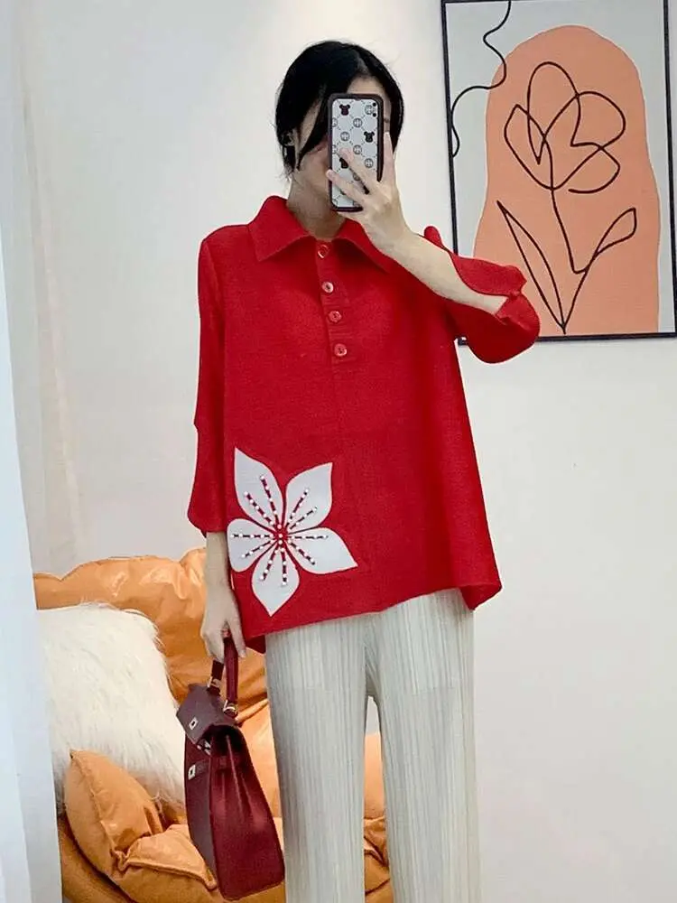 LANMREM Design Sense Flower Beaded Patchwork Fashion T-shirt Women's Slim Polo Collar Casual Tops Spring Summer 2025 New 2DE363