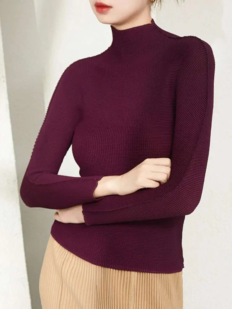 LANMREM Pleated Slim T-shirt For Women Turtleneck Long Sleeve Solid Color Tops Female Casual Clothes 2025 Spring New 2YA332