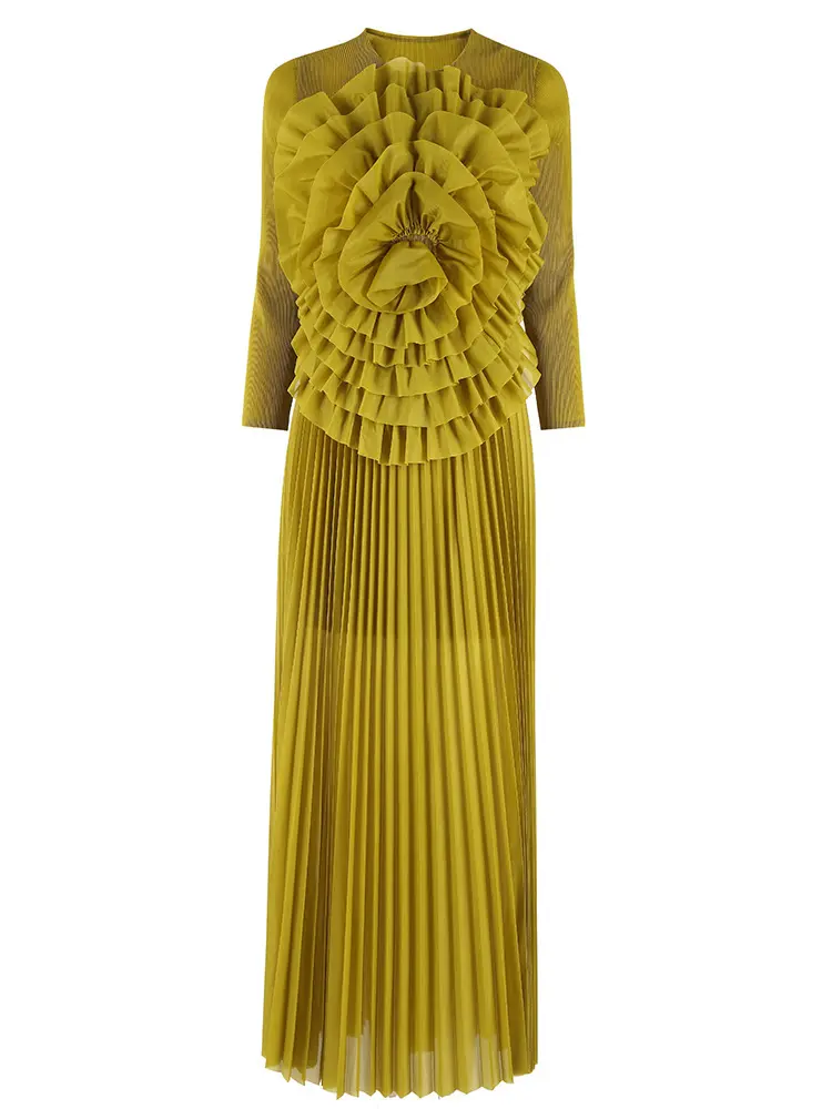 LANMREM Pleated Fashion Style Set Women Unique Flower Design Long Sleeves Shirts With High Waist Skirt Two Piece Set 2DM1057