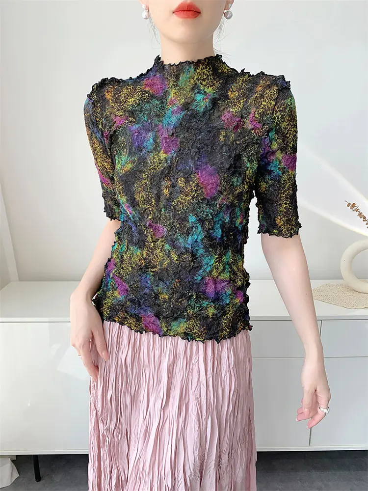 LANMREM Handmade Random Pleated Print Summer Pleated Top For Women Comfortable Casual Loose Famale's Elastic T-shirt 2DB3453