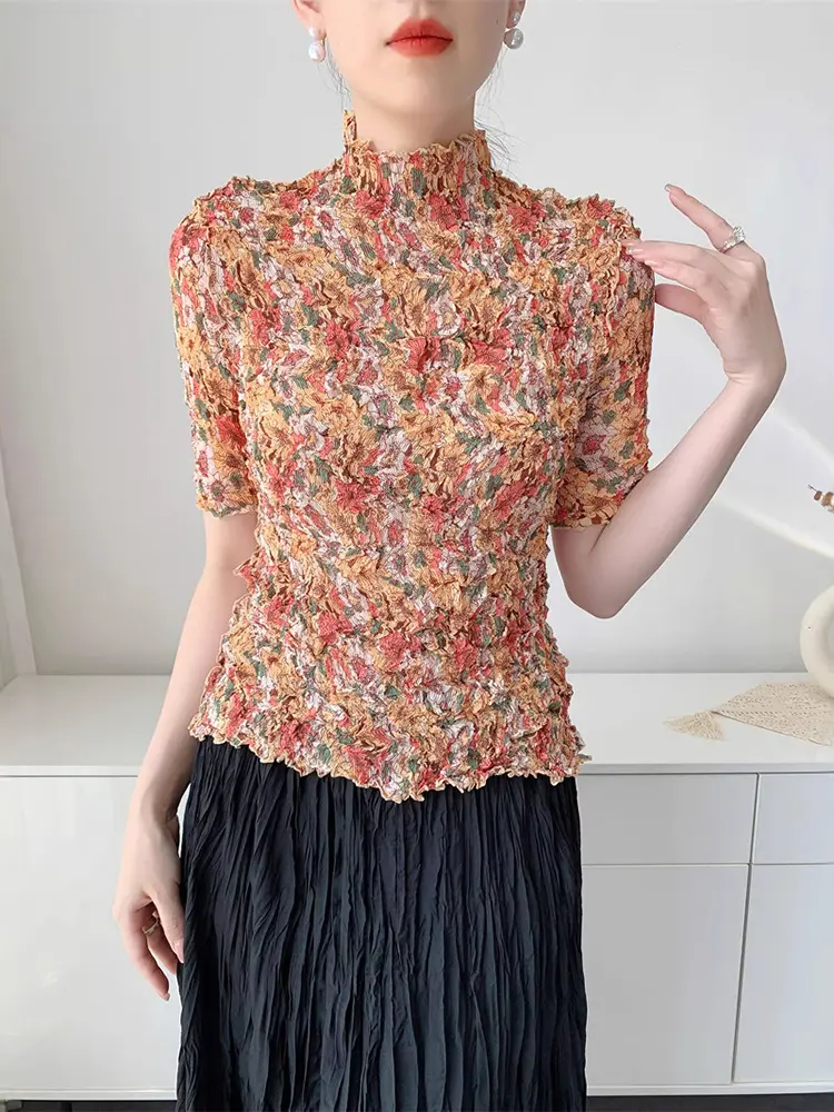 LANMREM Handmade Random Pleated Print Summer Pleated Top For Women Comfortable Casual Loose Famale's Elastic T-shirt 2DB3453
