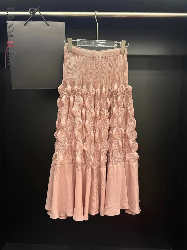 LANMREM Temperament Women's Solid Color Bubble Pleated Skirts 2025 Spring Summer New Fashion High Waist Hip Wrap Skirt 2DE466