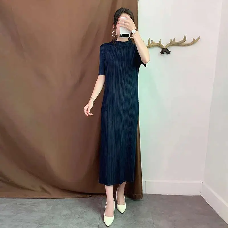 LANMREM Purple Stand-up Collar Short-sleeved Pleated Slim Plus Woman Bottom Dress Casual Simple Fashion 2025 Spring New TV734