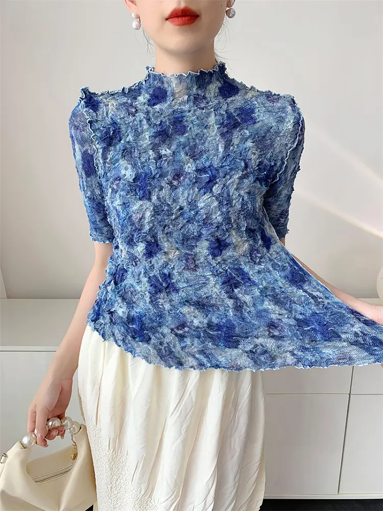 LANMREM Handmade Random Pleated Print Summer Pleated Top For Women Comfortable Casual Loose Famale's Elastic T-shirt 2DB3453