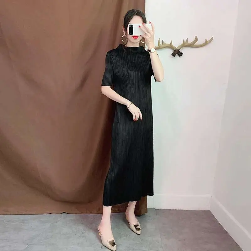 LANMREM Purple Stand-up Collar Short-sleeved Pleated Slim Plus Woman Bottom Dress Casual Simple Fashion 2025 Spring New TV734