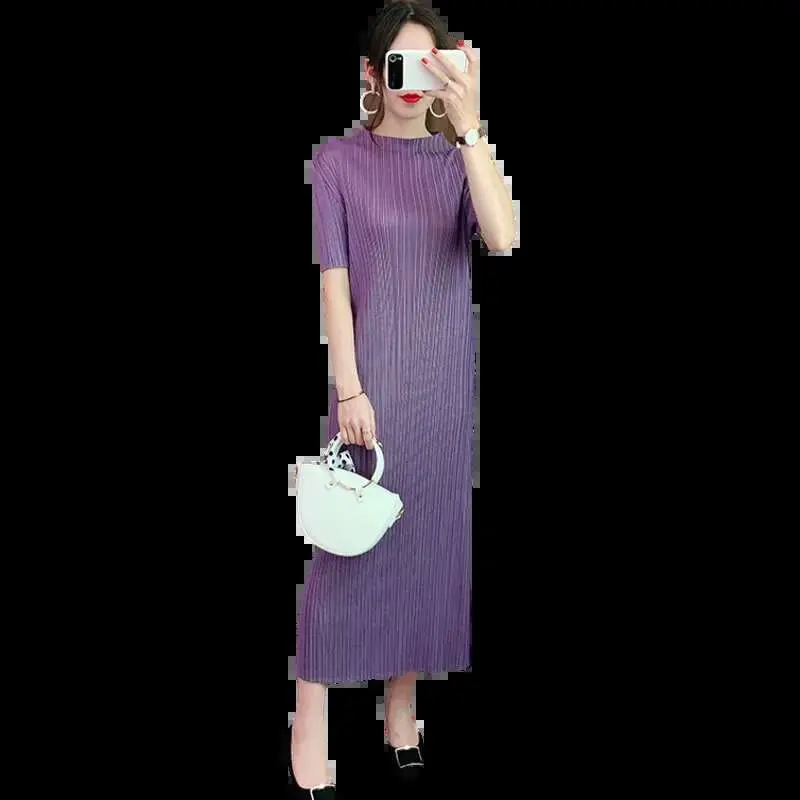 LANMREM Purple Stand-up Collar Short-sleeved Pleated Slim Plus Woman Bottom Dress Casual Simple Fashion 2025 Spring New TV734
