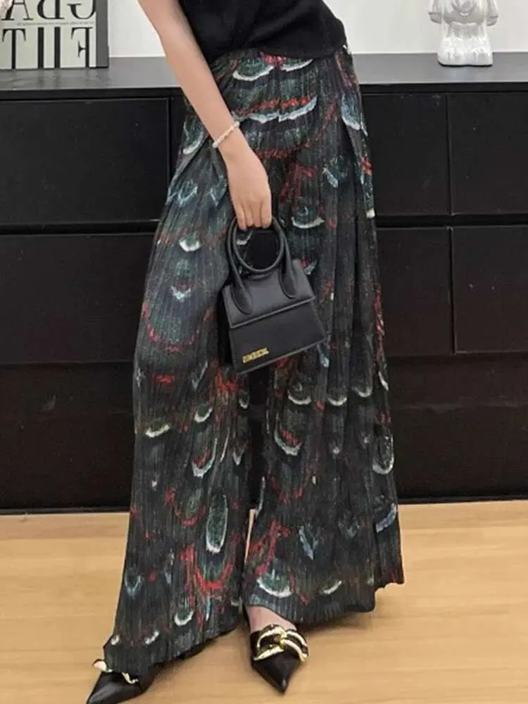 LANMREM High End Design Loose Printting Pleated Casual Pants Elastic High Waist Women's Black Wide Leg Trousers 2025 New 2DB3380