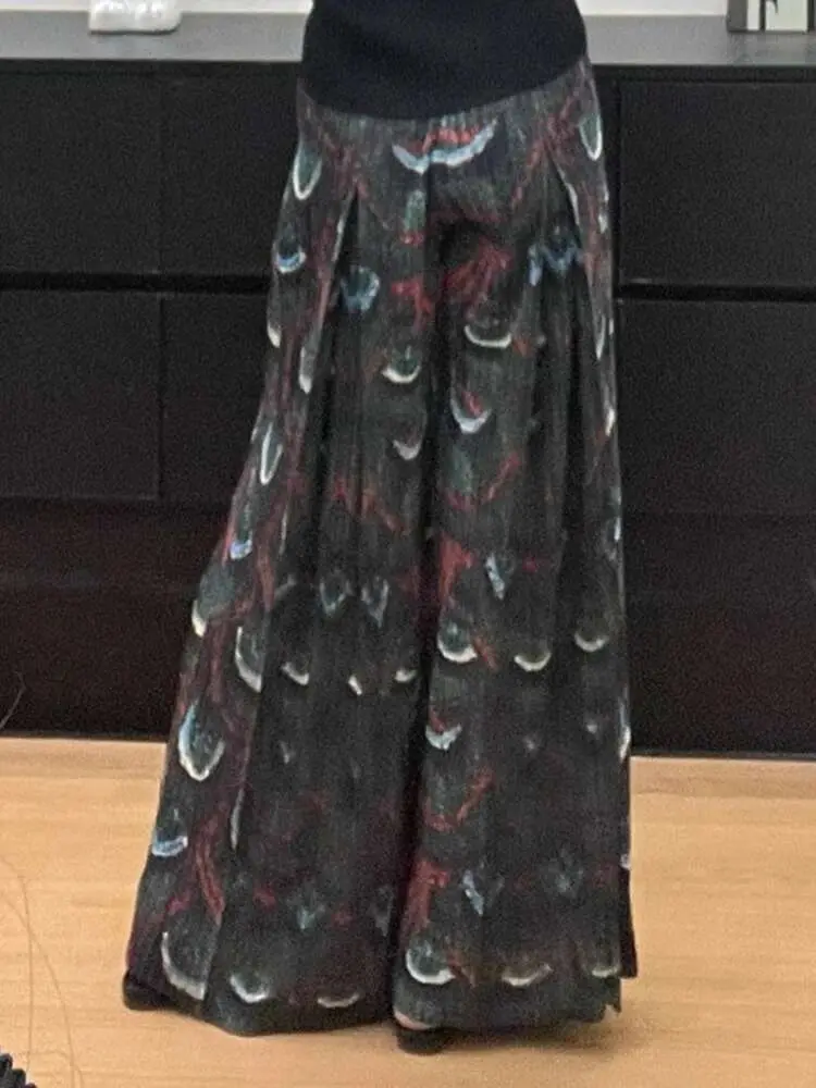 LANMREM High End Design Loose Printting Pleated Casual Pants Elastic High Waist Women's Black Wide Leg Trousers 2025 New 2DB3380