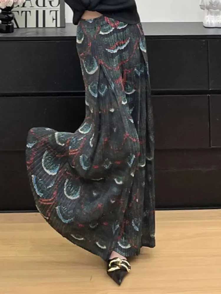 LANMREM High End Design Loose Printting Pleated Casual Pants Elastic High Waist Women's Black Wide Leg Trousers 2025 New 2DB3380