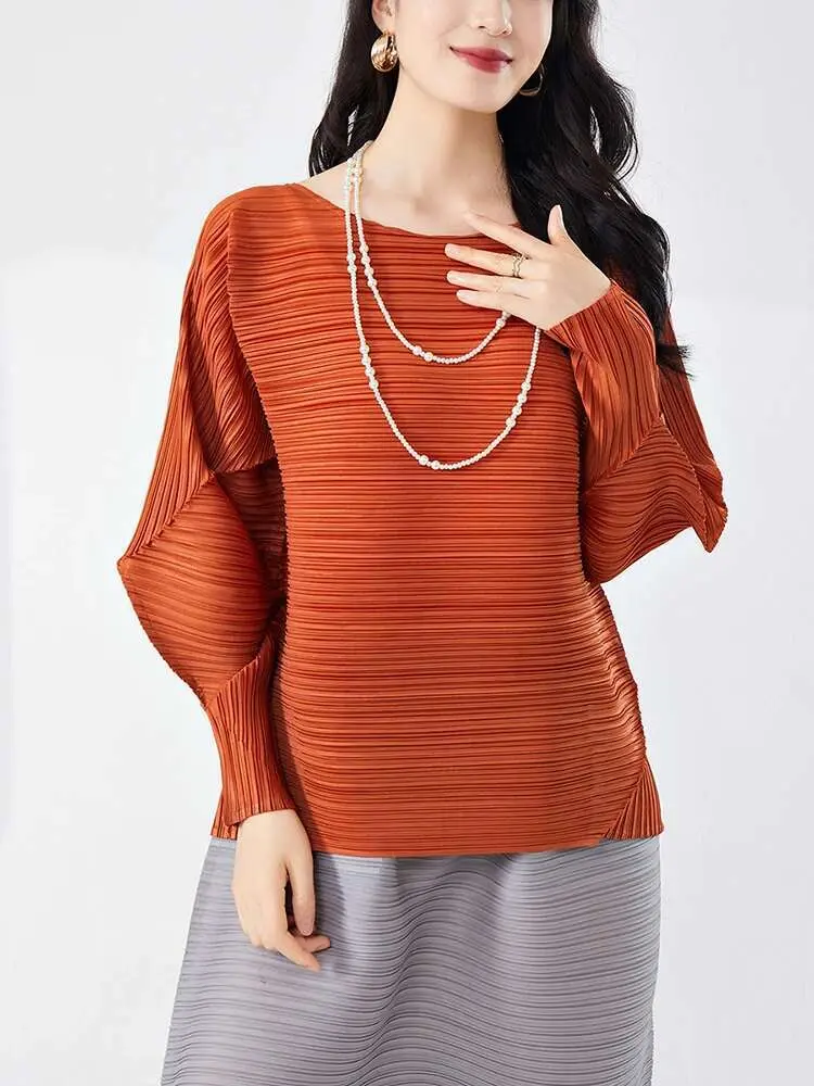 LANMREM Casual Pleated T-shirt For Women O-neck Batwing Sleeves Solid Color Women's Tops 2025 Spring New Clothing 2Z2601